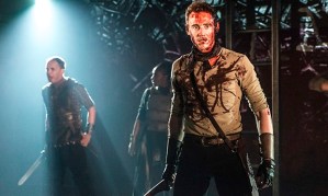 Tom Hiddleston, foreground, as Coriolanus, at the Donmar, London, December 2013.